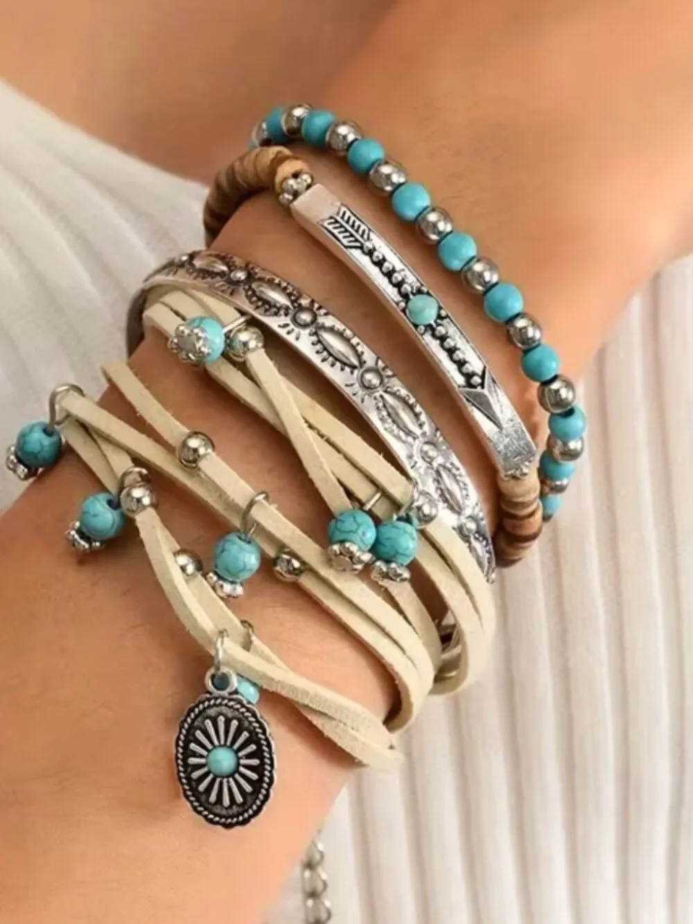 NWT Western Boho Faux Turquoise Stacked Bracelet Set PU Leather Charm Cuff